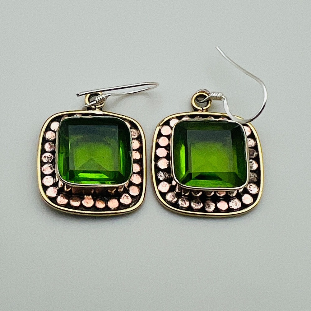 Mixed Metal Dangle Earrings Drop Green Glass Statement‎ Square Halo Stone